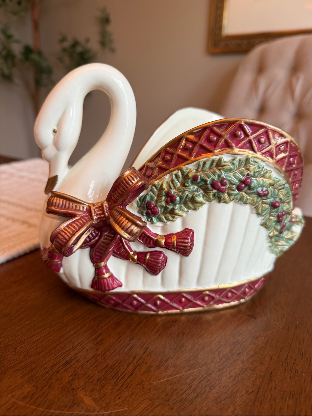 Elegant White Ceramic Swan Bowl with Red and Gold Accents